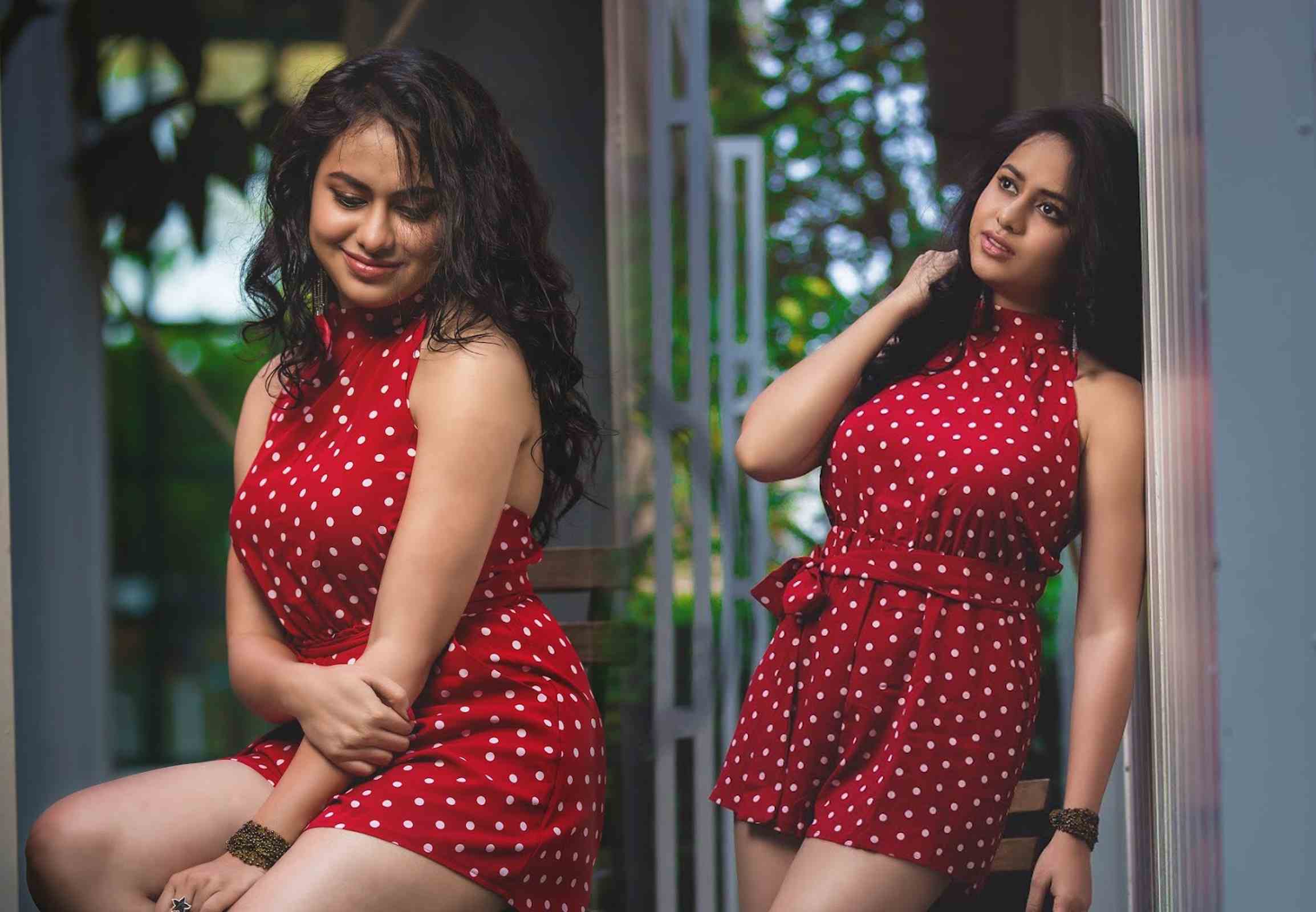 Pallavi Dora Sizzles in White Dotted Red Short Dress-RitzyStar