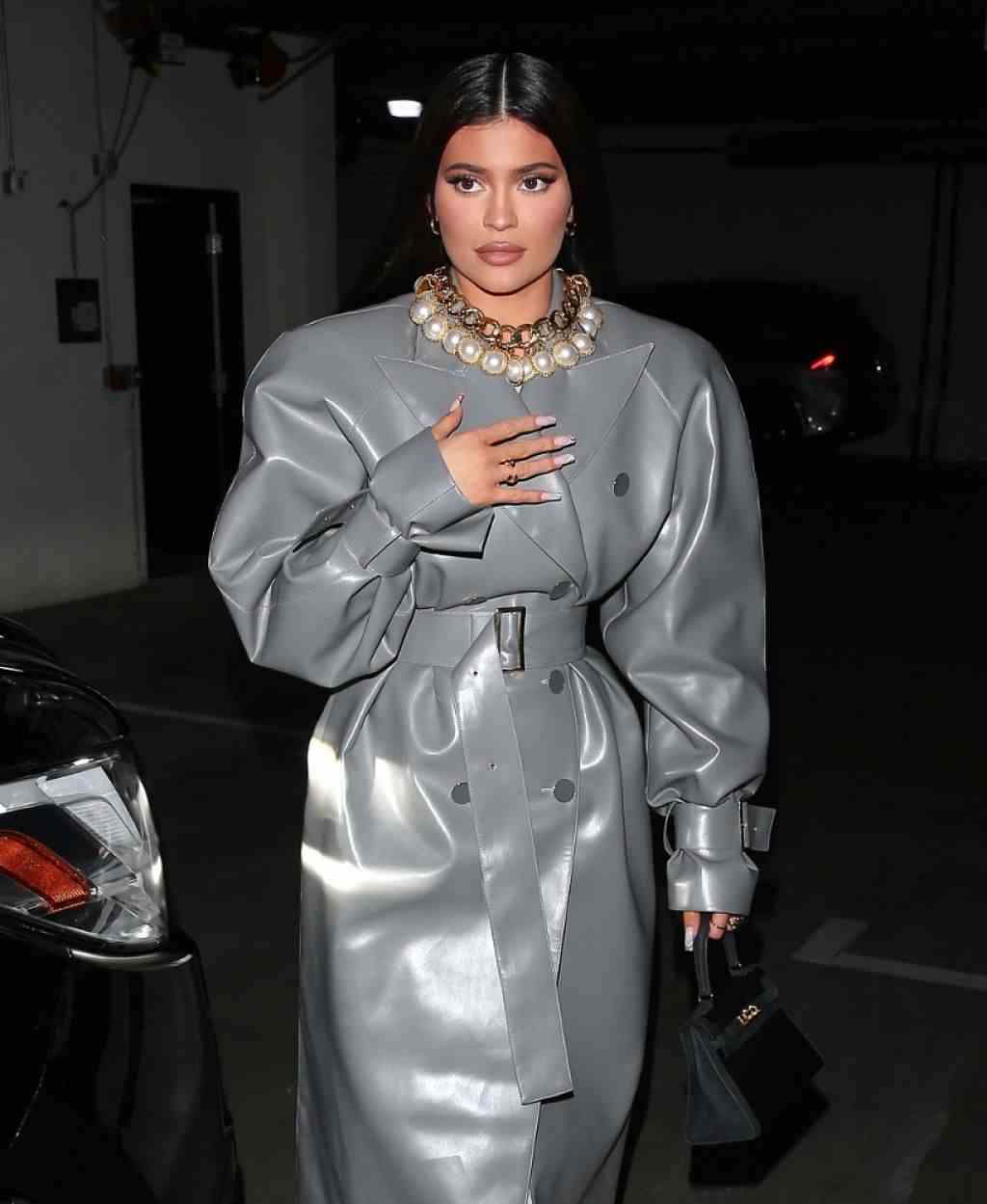 Kylie Jenner Style in a Leather Trench Coat in Beverly Hills